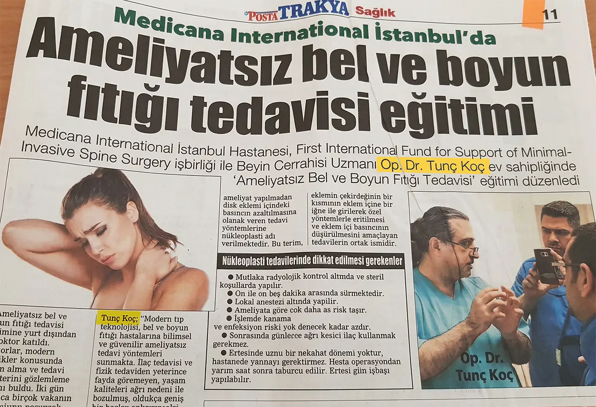 Medicana Posta Trakya Gazetesi 2018 Ameliyatsız bel boyun fıtığı tedavisi